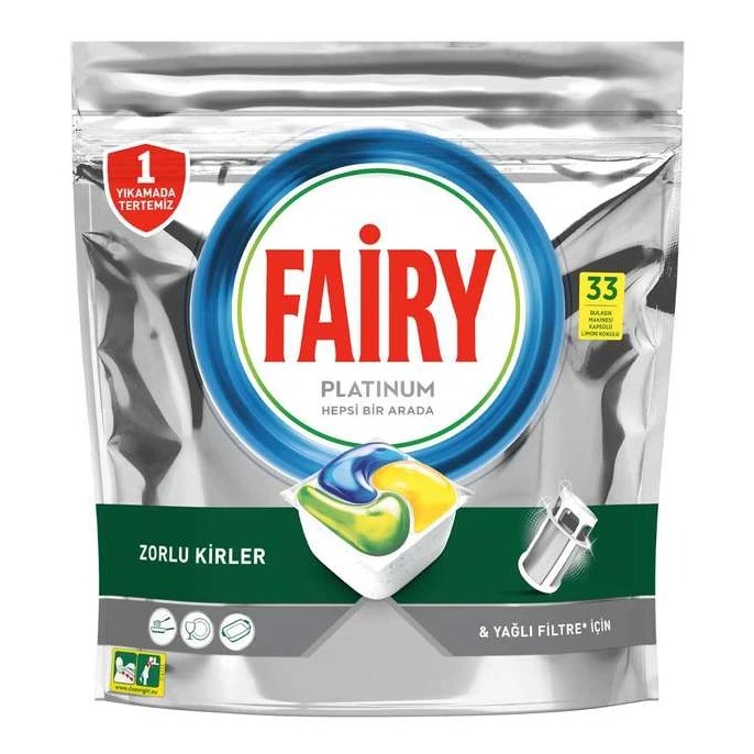 قرص ماشین ظرفشویی فیری Fairy مدل Platinum با رایحه لیمو بسته 33 عددی