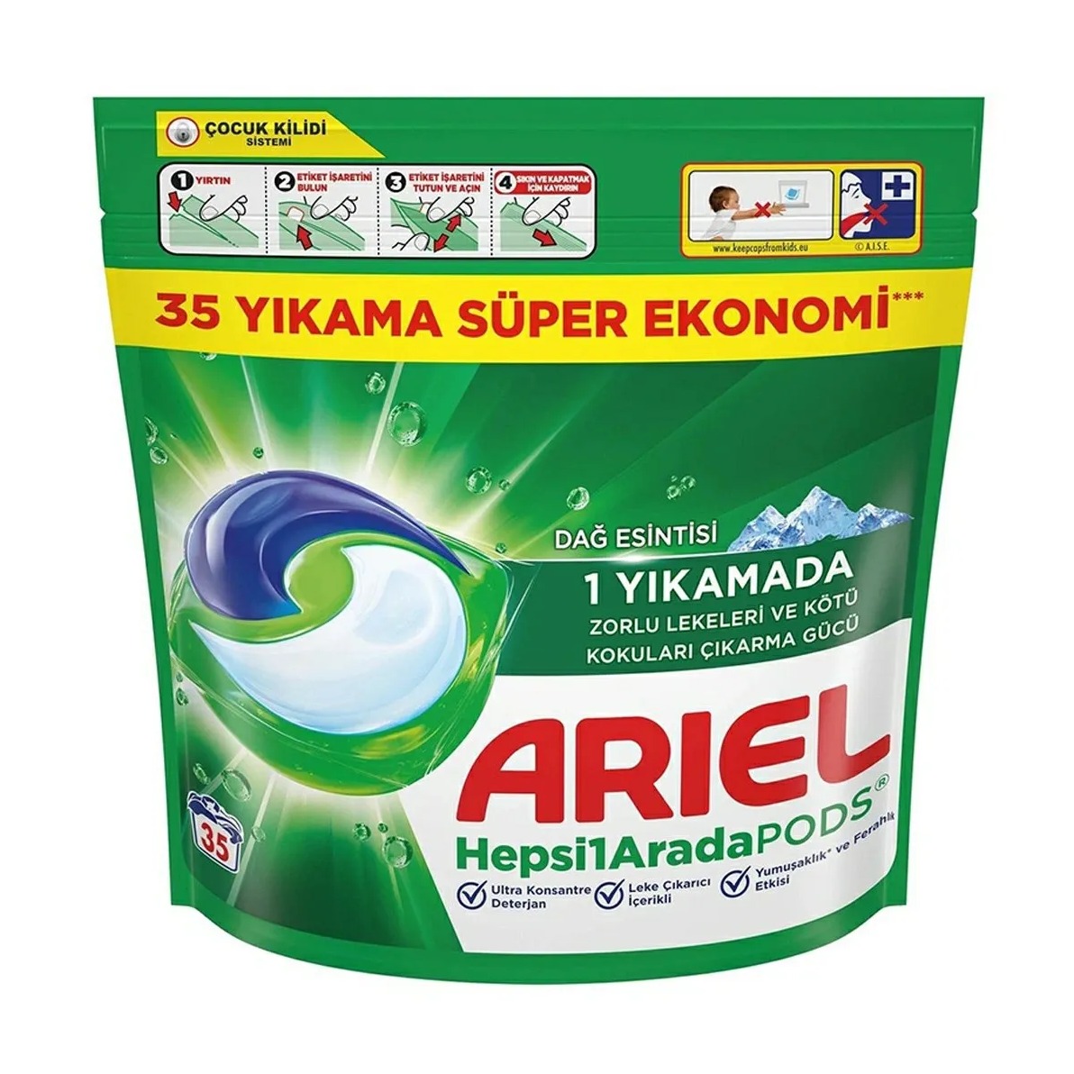 قرص بالشتکی ماشین لباسشویی آریل Ariel مدل All In One رایحه کوهستان بسته 35 عددی
